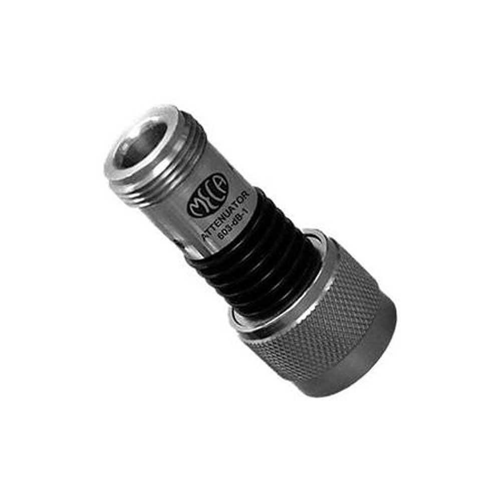MECA 603-10-1 RF Coaxial Attenuator.5 Watts, 10dB Nominal Attenuation.Male to Female "n" Connectors.50 Ohms.DC to 6 Ghz