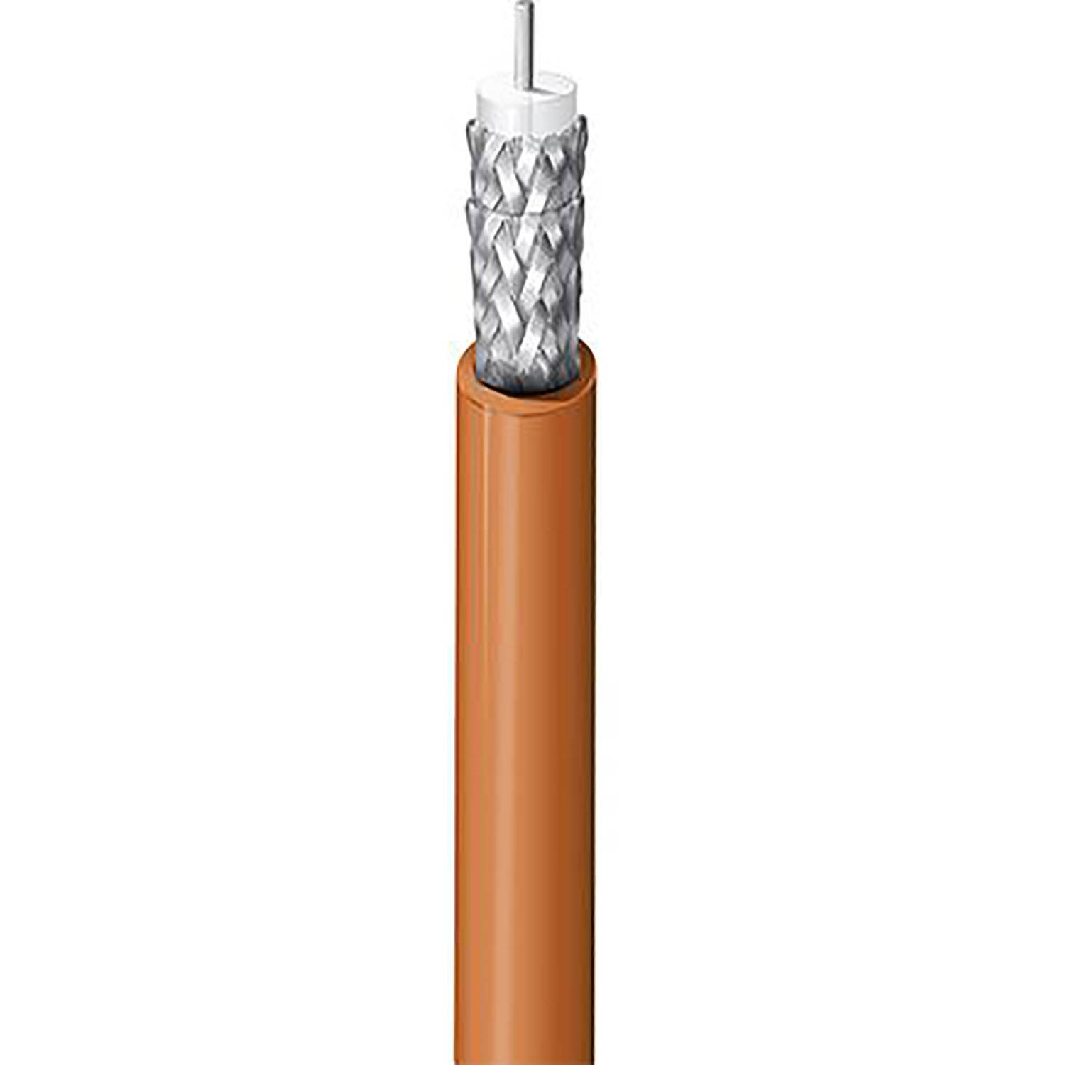 Belden 84142 RG-142 50 Ohm mil-spec coaxial cable showing double silvered copper braid shield and brown FEP jacket