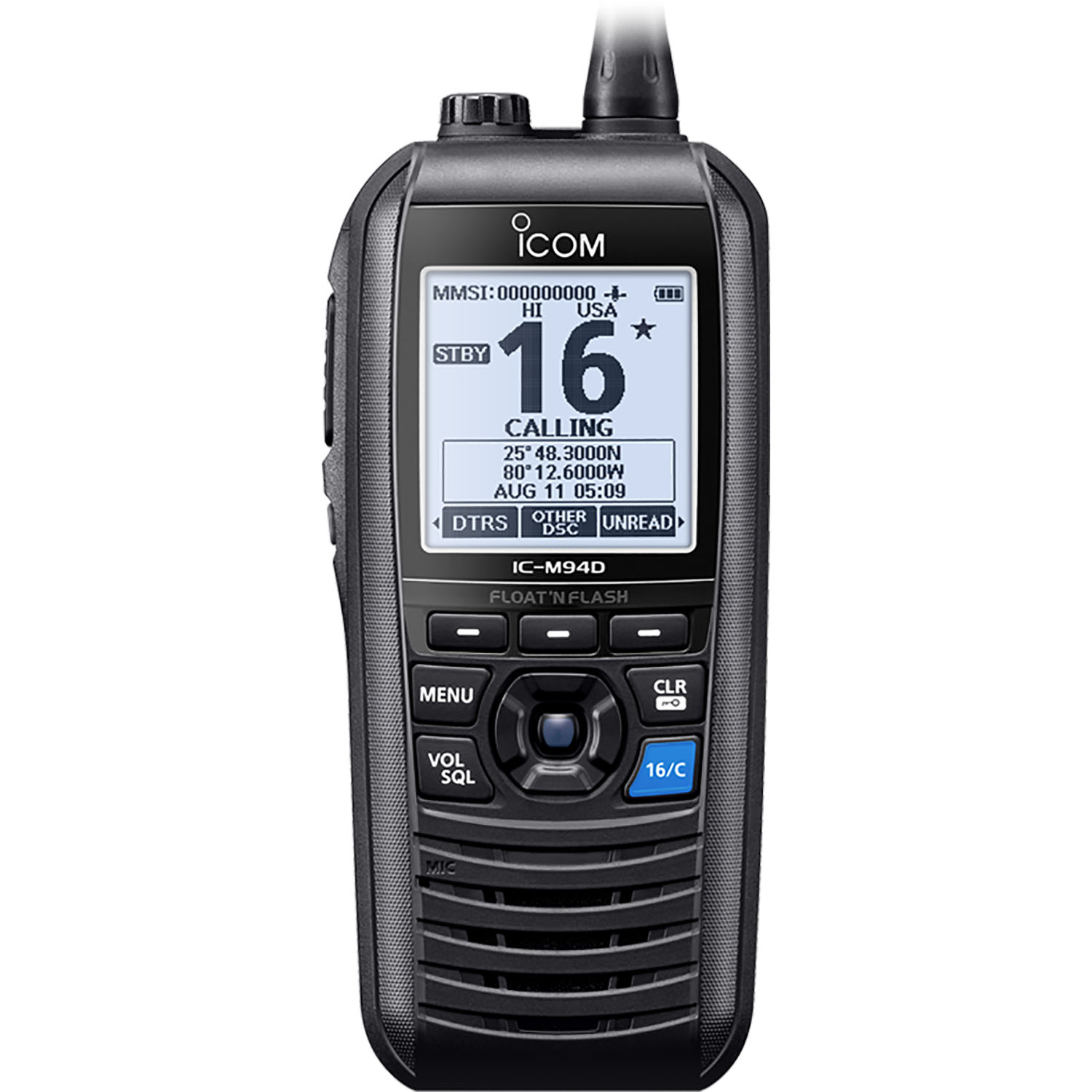 Icom M94D front panel showing channel 16 display with MMSI programming and navigation controls