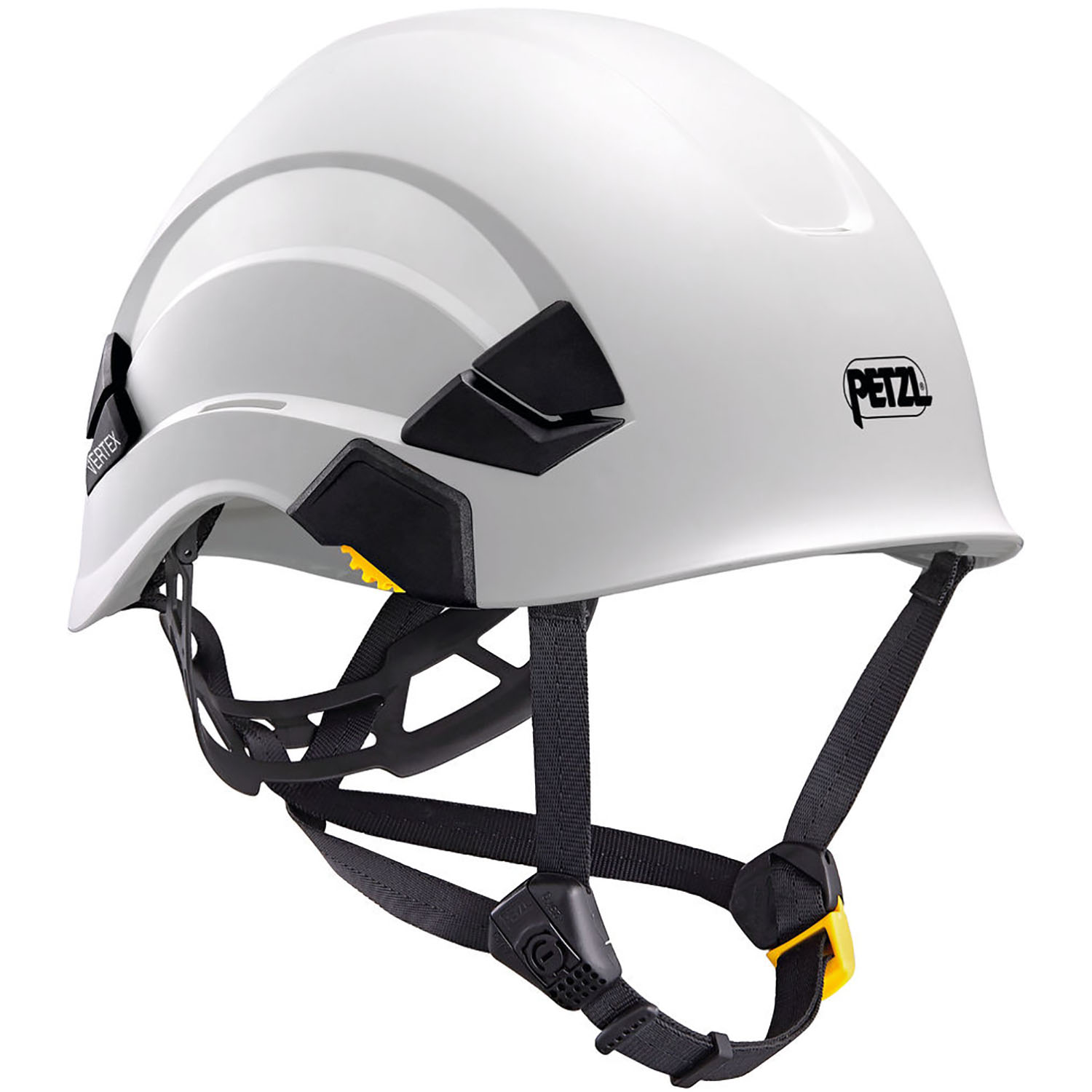 Petzl VERTEX white professional safety helmet A010AA00 with black chinstrap and suspension system, showing CENTERFIT adjustment wheels and modular accessory attachment points