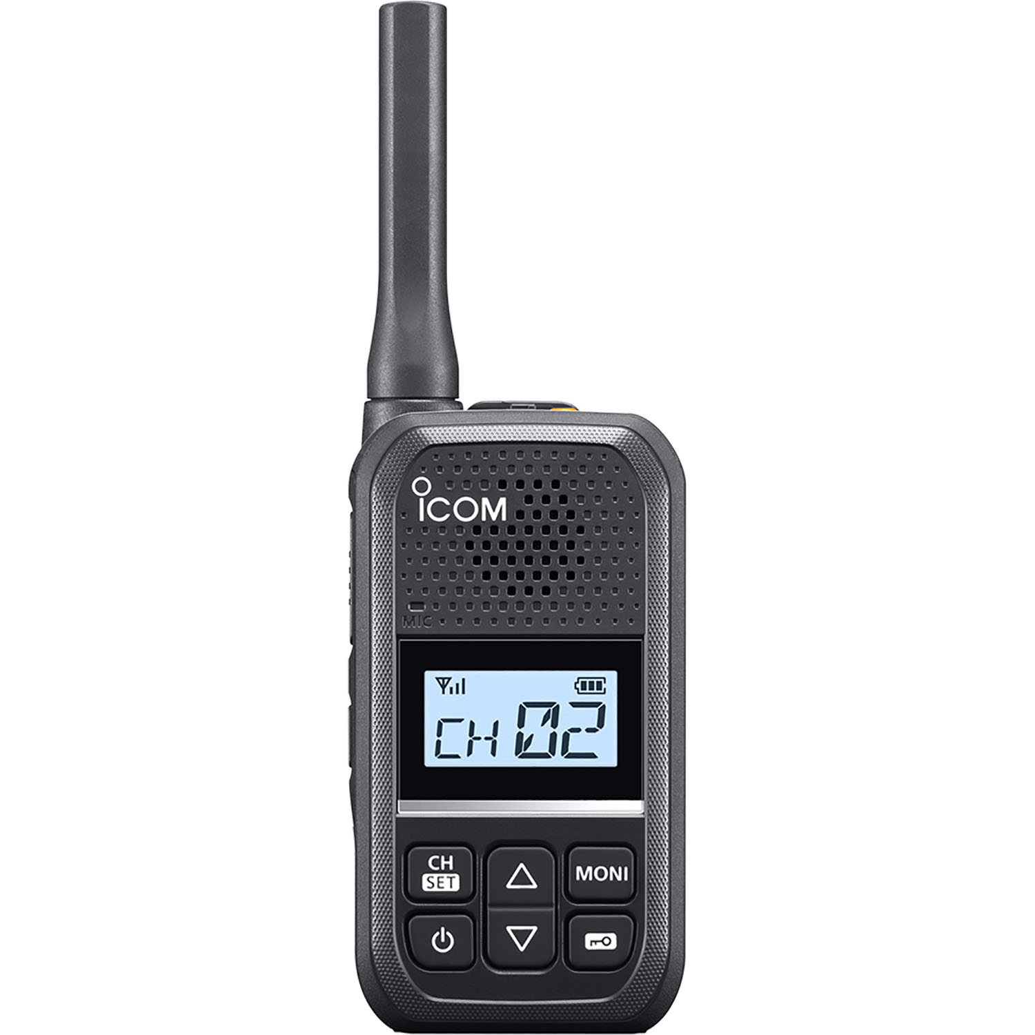 Icom IC-F200 UHF business walkie talkie front view showing LCD display, channel buttons and compact design