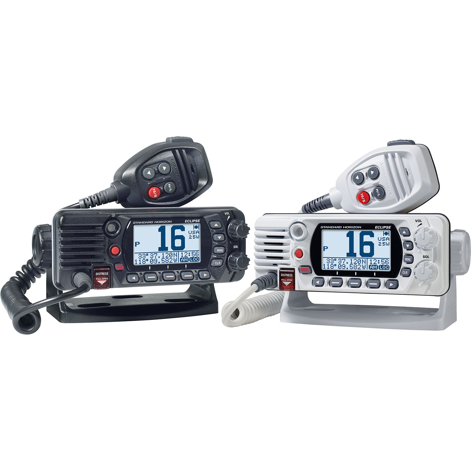 Standard Horizon GX1410 Eclipse VHF marine radio comparison showing black and white models side by side with command microphones