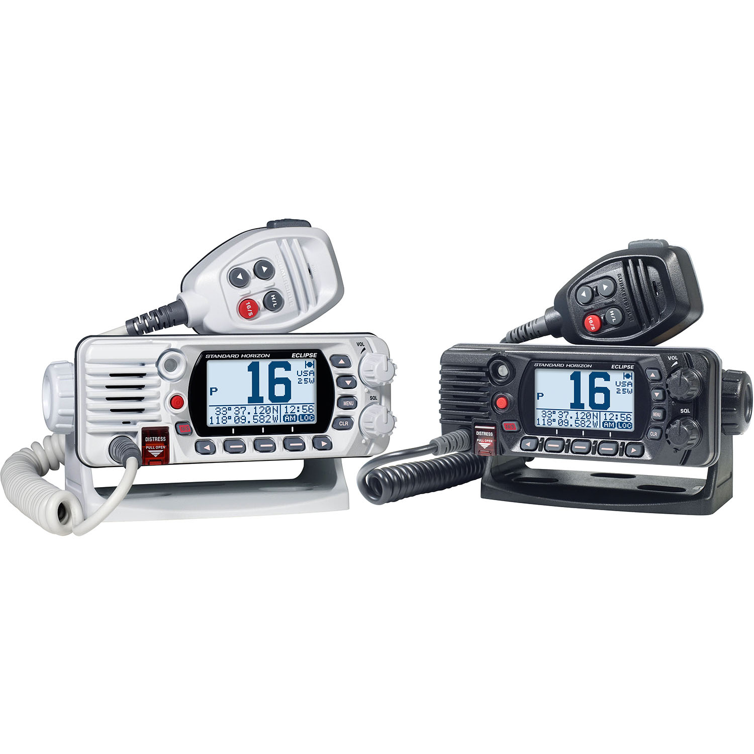 Standard Horizon GX1410G Eclipse VHF marine radio comparison showing white and black models side by side with built-in GPS