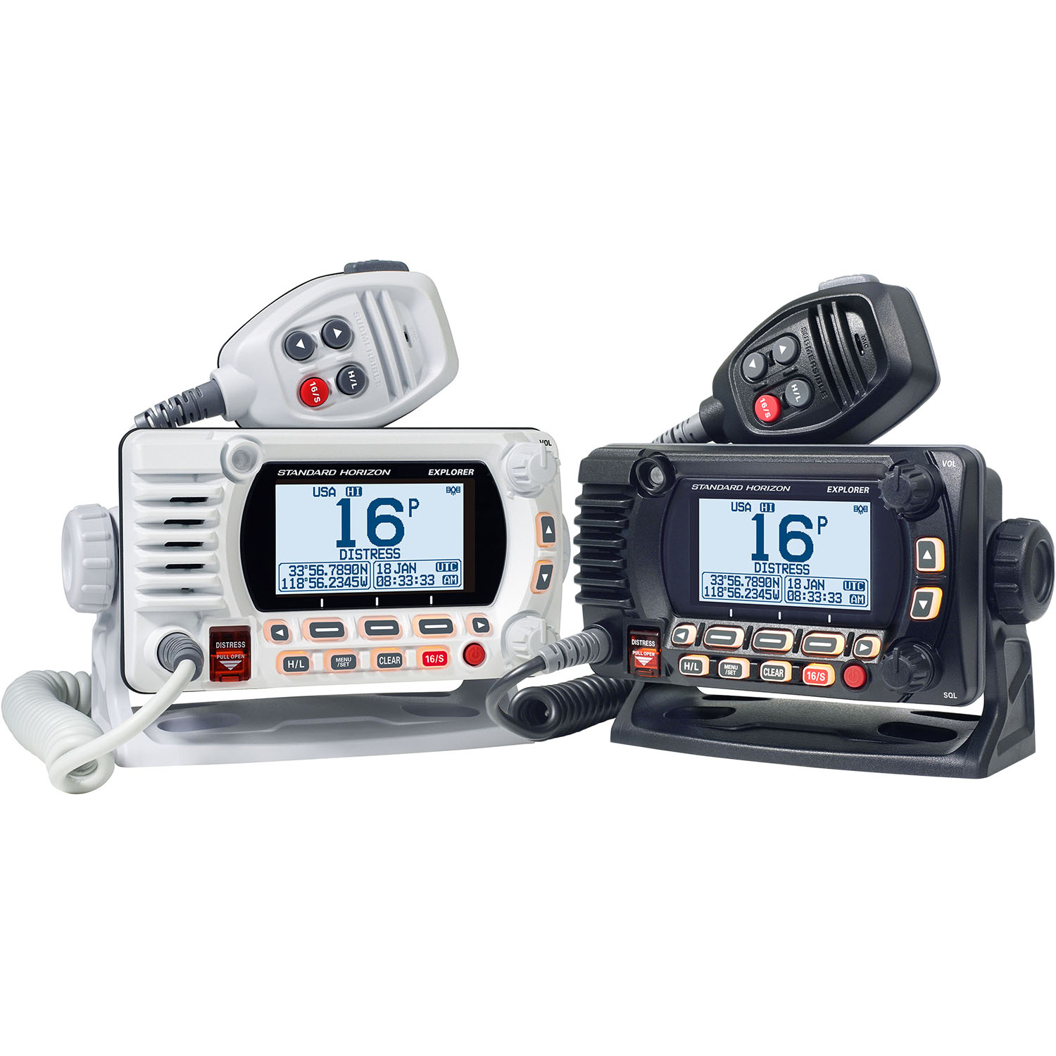 Standard Horizon GX1850 Explorer VHF marine radio comparison showing white and black models side by side with NMEA 2000

