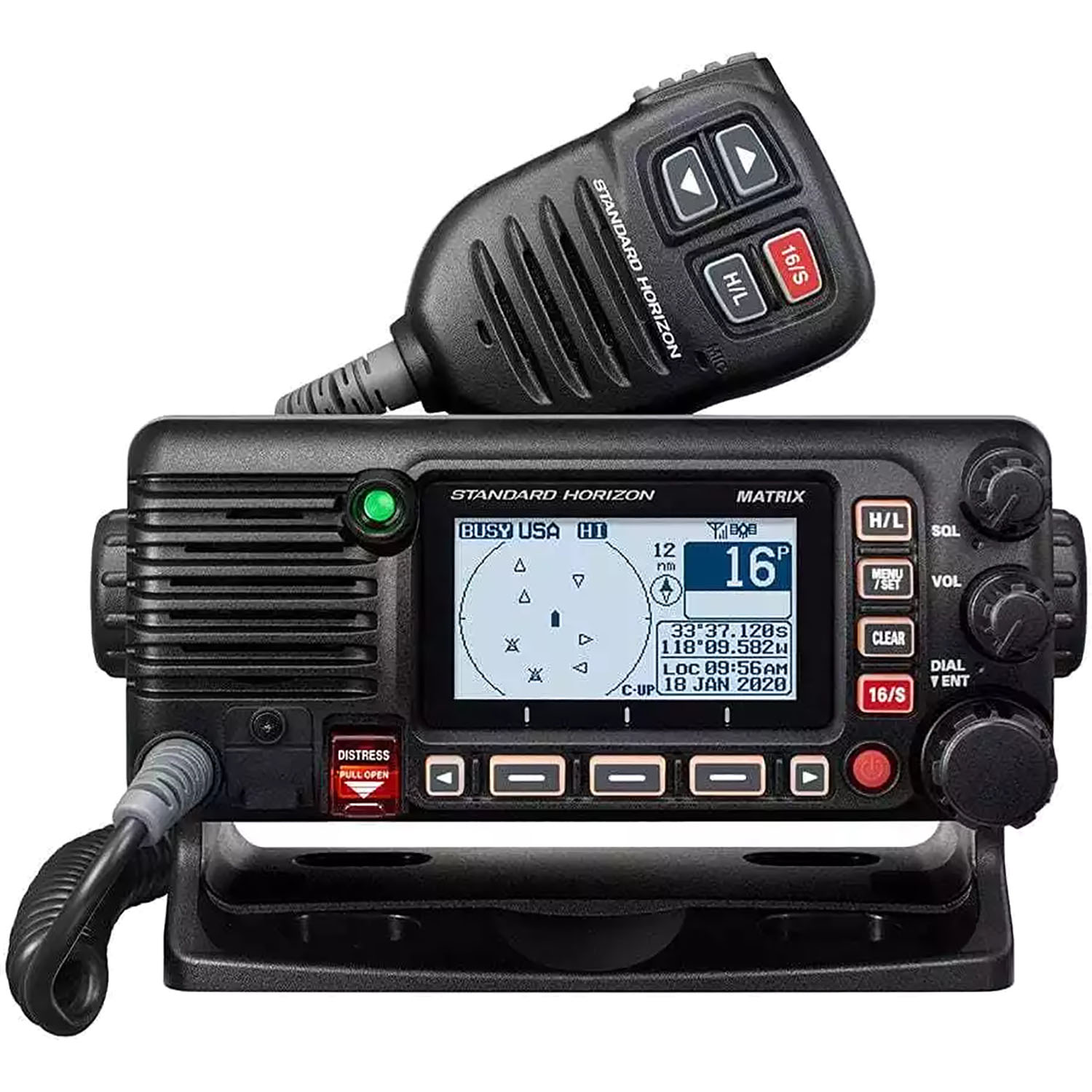 Standard Horizon GX2410GPS Matrix fixed mount VHF radio black with command microphone showing compass display and channel 16