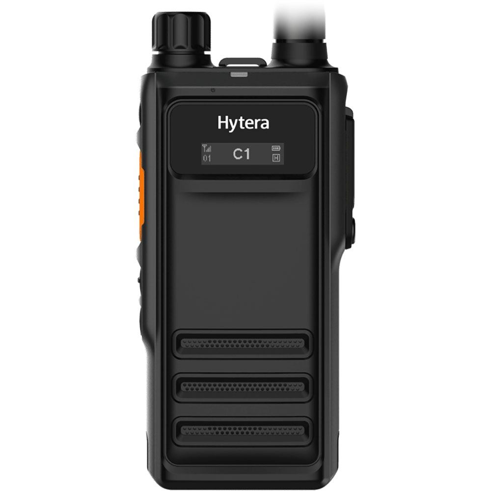 Hytera HP602 DMR two-way radio front view showing OLED display and rugged design