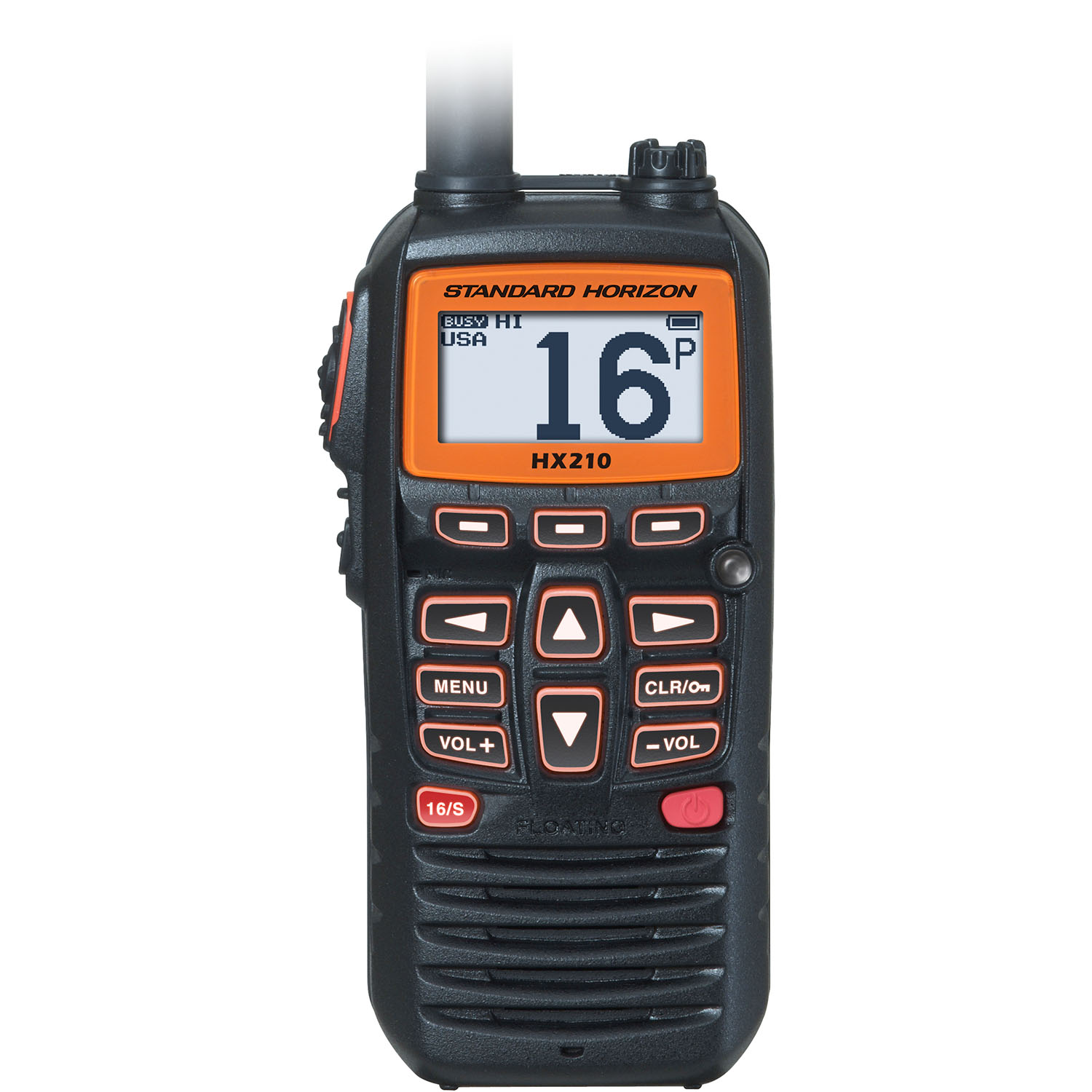 Standard Horizon HX210 LCD display close-up showing channel 16 USA mode and battery indicator