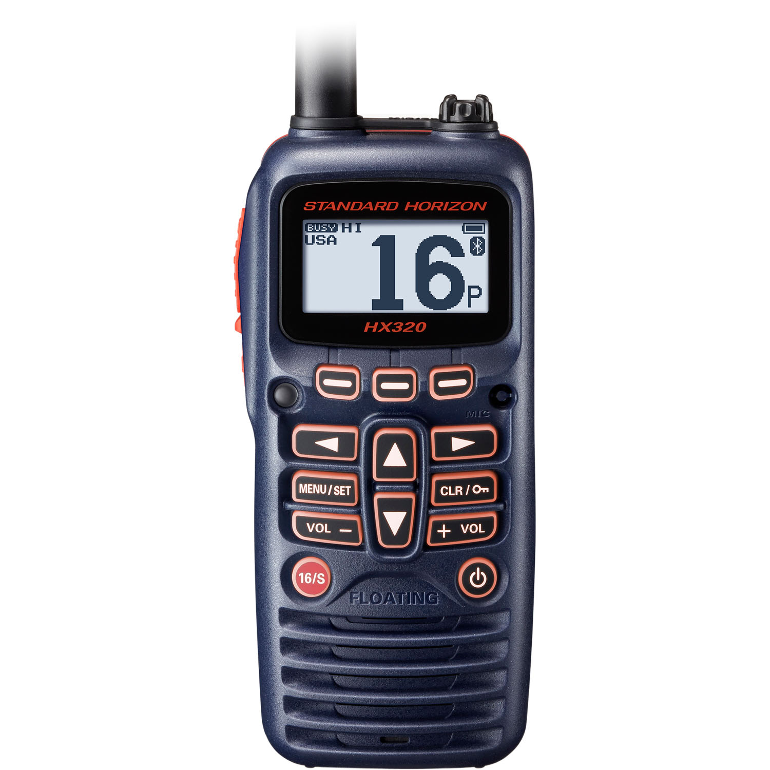 Standard Horizon HX320 front panel with dot matrix display showing channel 16 and Bluetooth indicator