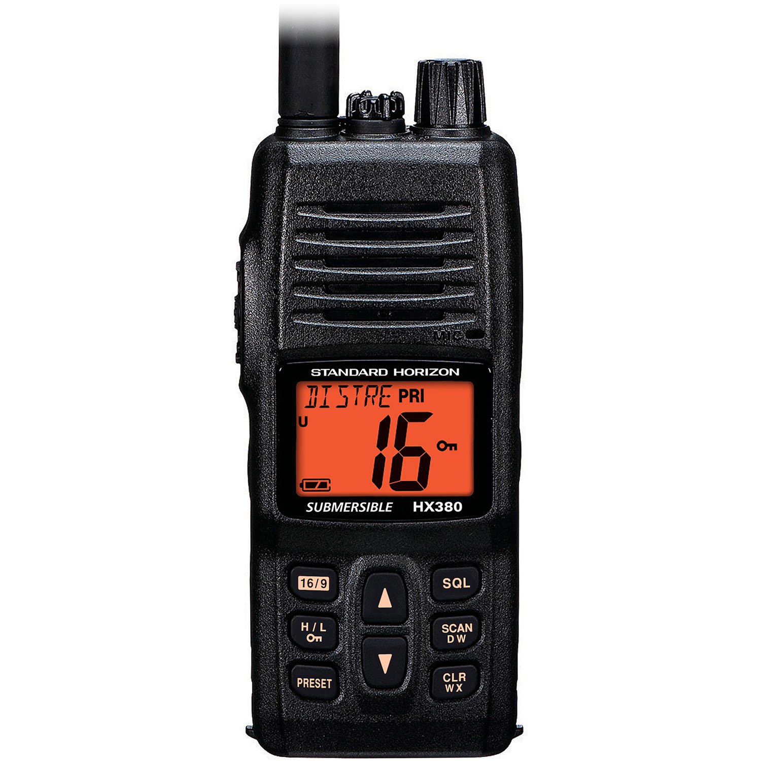 Standard Horizon HX380 close-up showing 16/9 button, scan dual watch controls, and preset key