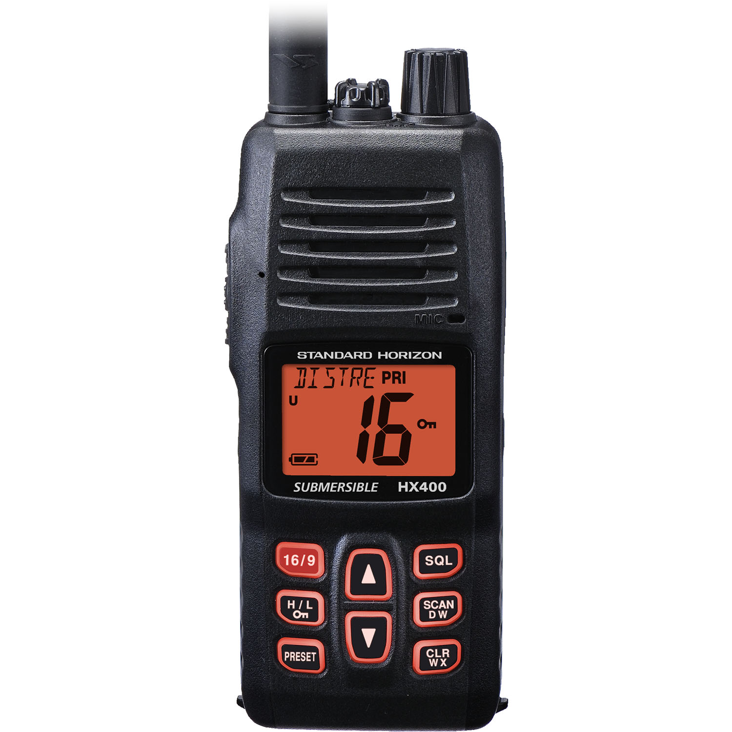 Standard Horizon HX400 front view showing orange backlit LCD display and control buttons with 16/9 preset