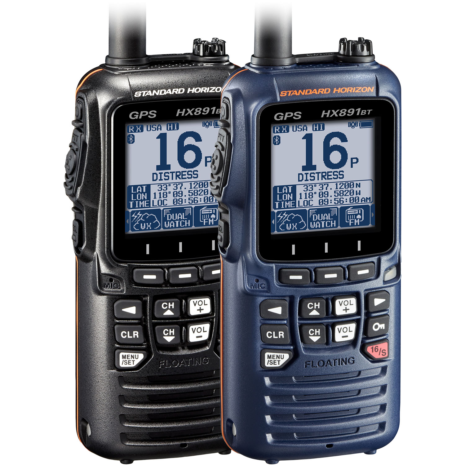 Standard Horizon HX891BT navy blue and black floating VHF radio with extended antenna showing full controls