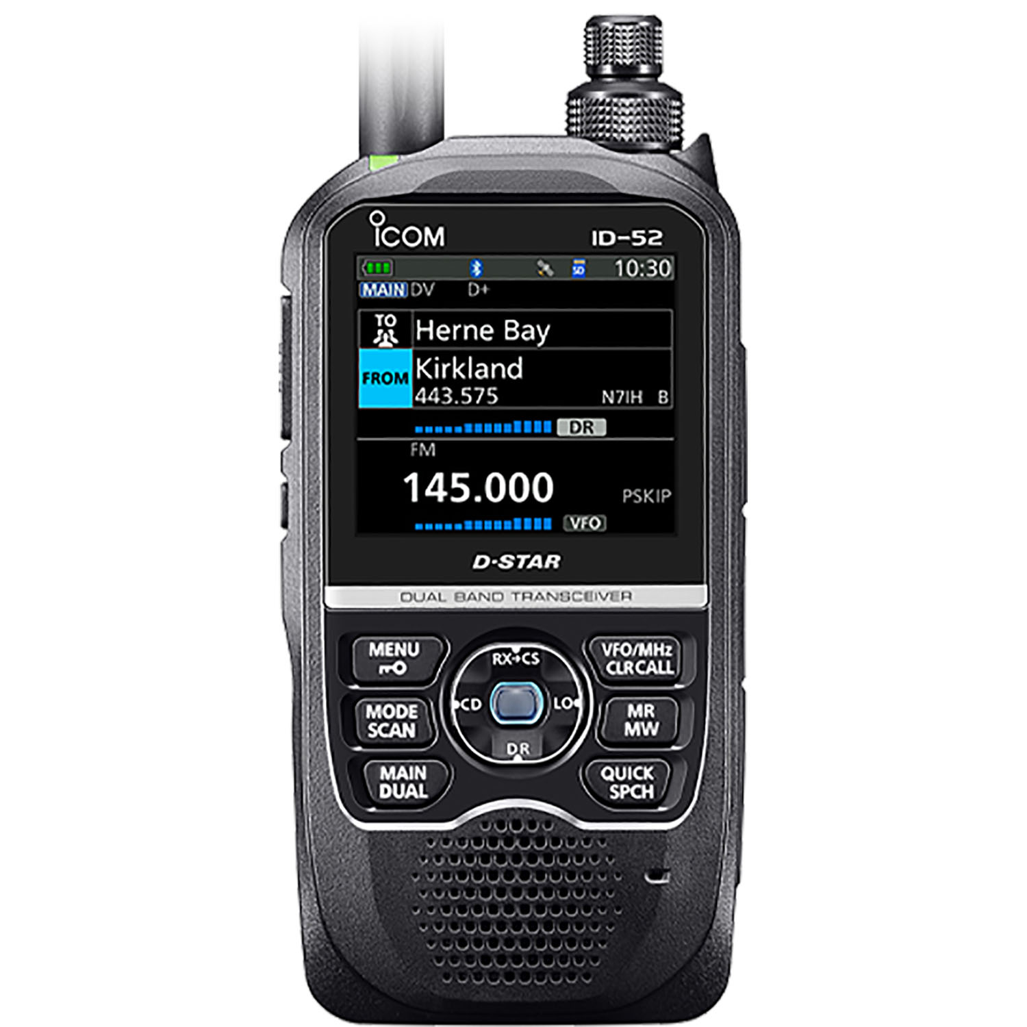 Icom ID-52A handheld radio front view showing 2.3 inch color display with D-STAR interface, control buttons, and antenna