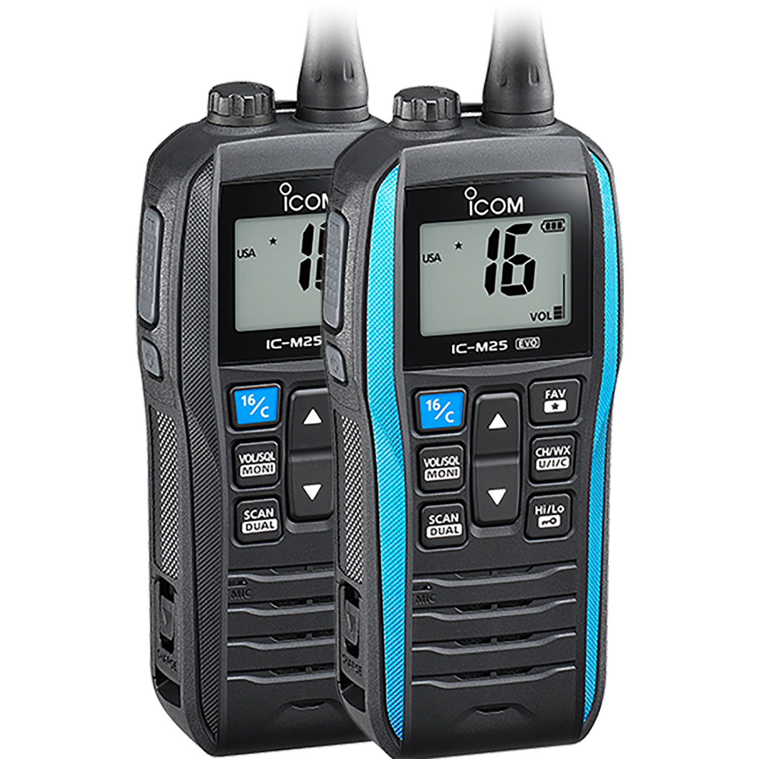 Icom M25 EVO handheld VHF marine radio showing carbon fiber black and electric blue models with Float'n Flash