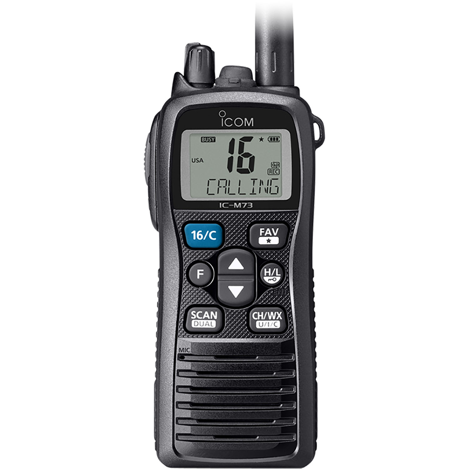 Icom M73 front panel with backlit LCD, 16/C button, and waterproof keypad