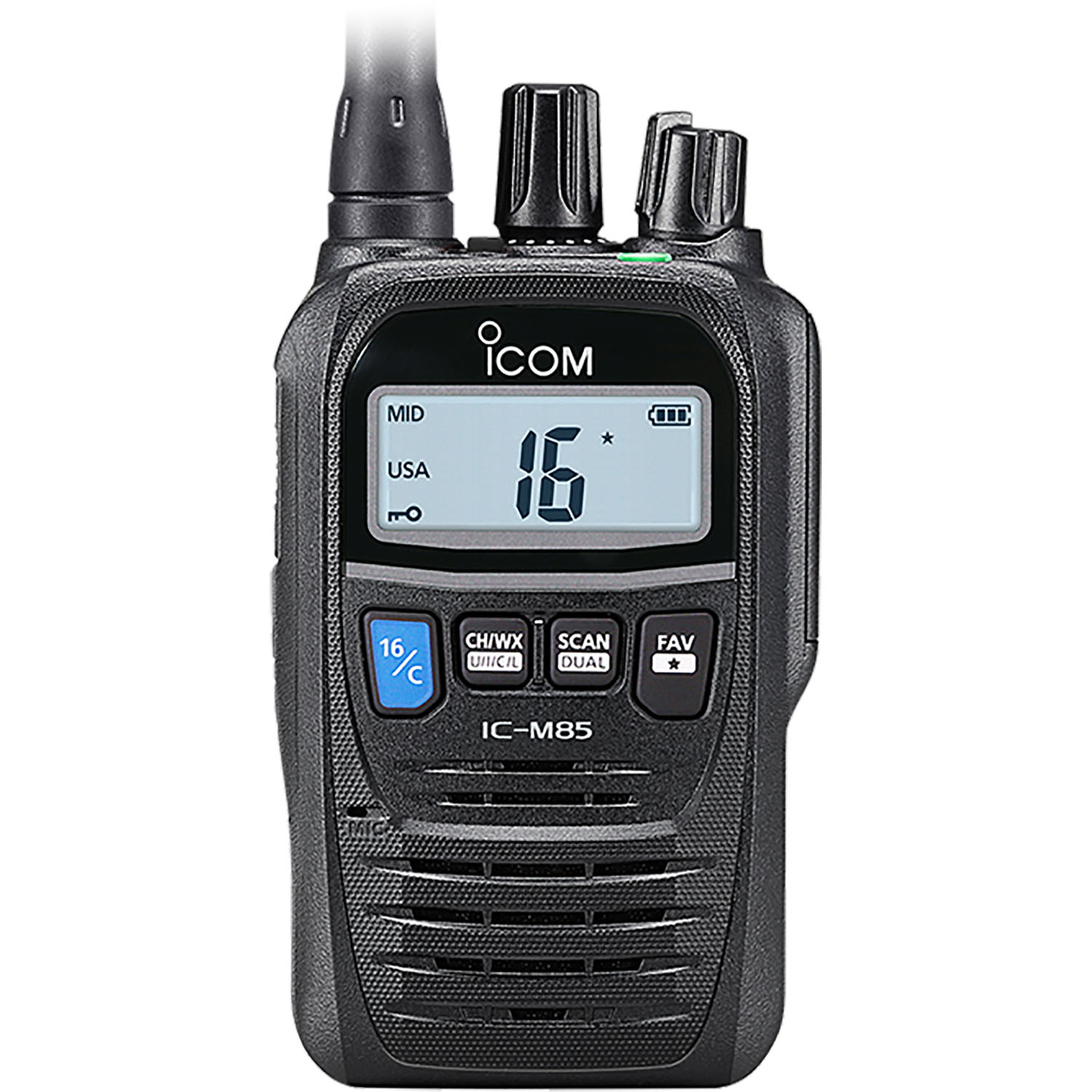  Icom M85 front panel showing channel 16 display and waterproof control buttons