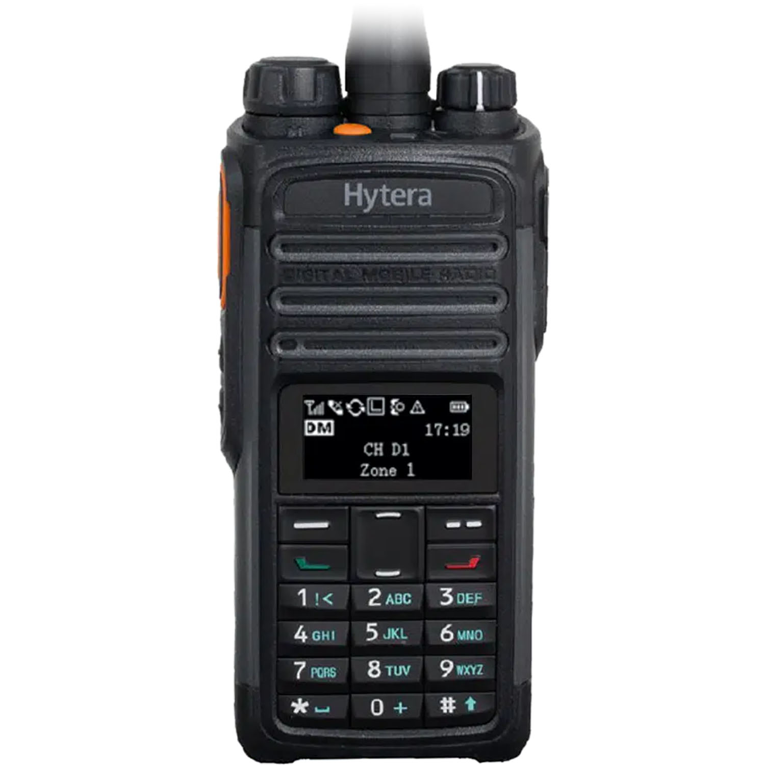 Hytera PD482i OLED display showing DMR mode channel and zone information