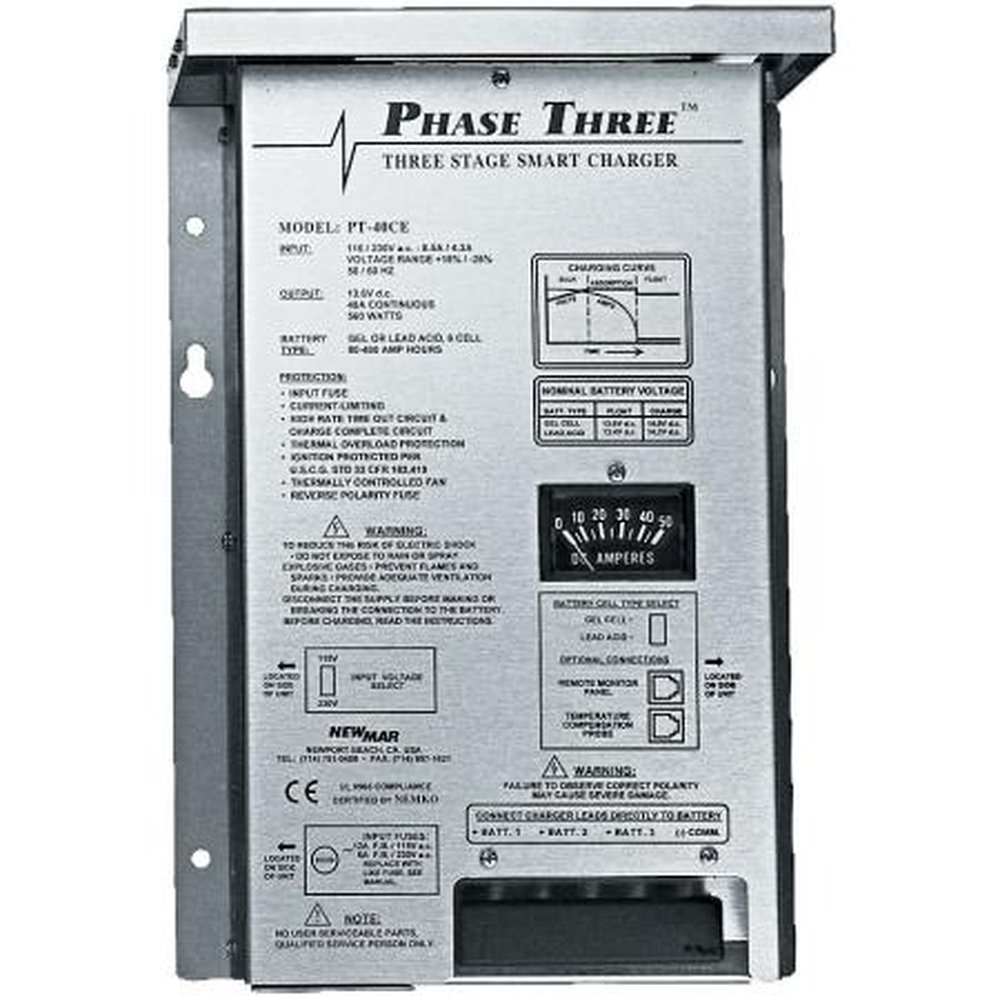 NEWMAR PT-40U Phase III Battery Charger.Three Step "smart" Charge Provides Optimum Performance of Batteries.115/230, 10/5A Input.12VDC, 40A Output